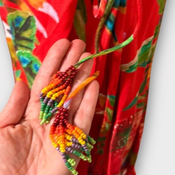 Farm Rio Red Macaw Wrap Dress L Tropical Midi Sleeveless V Neck EUC Resortwear - Picture 3 of 6